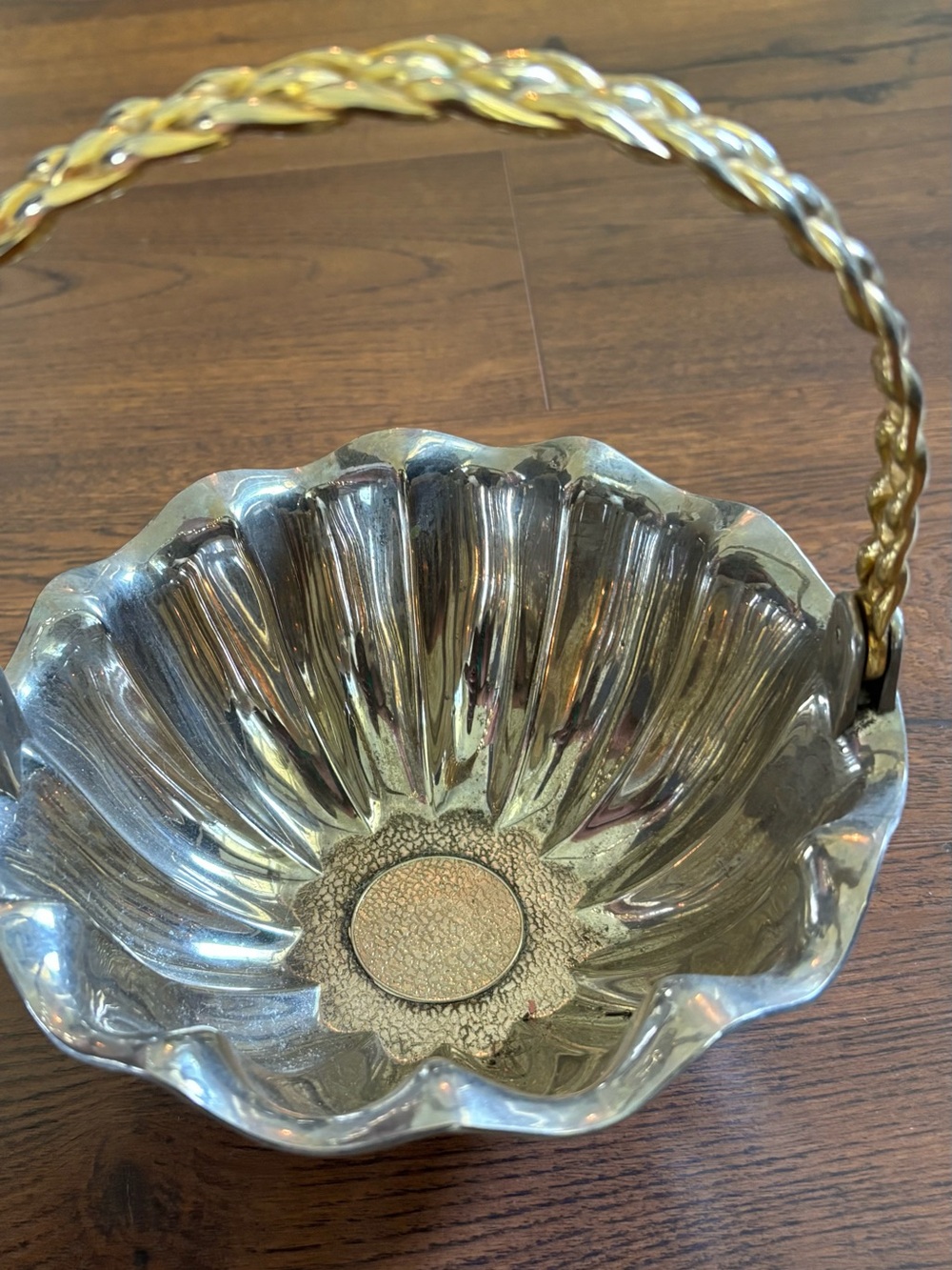 Decorative Silver-Tone Floral Basket with Gold-Tone Braided Handle